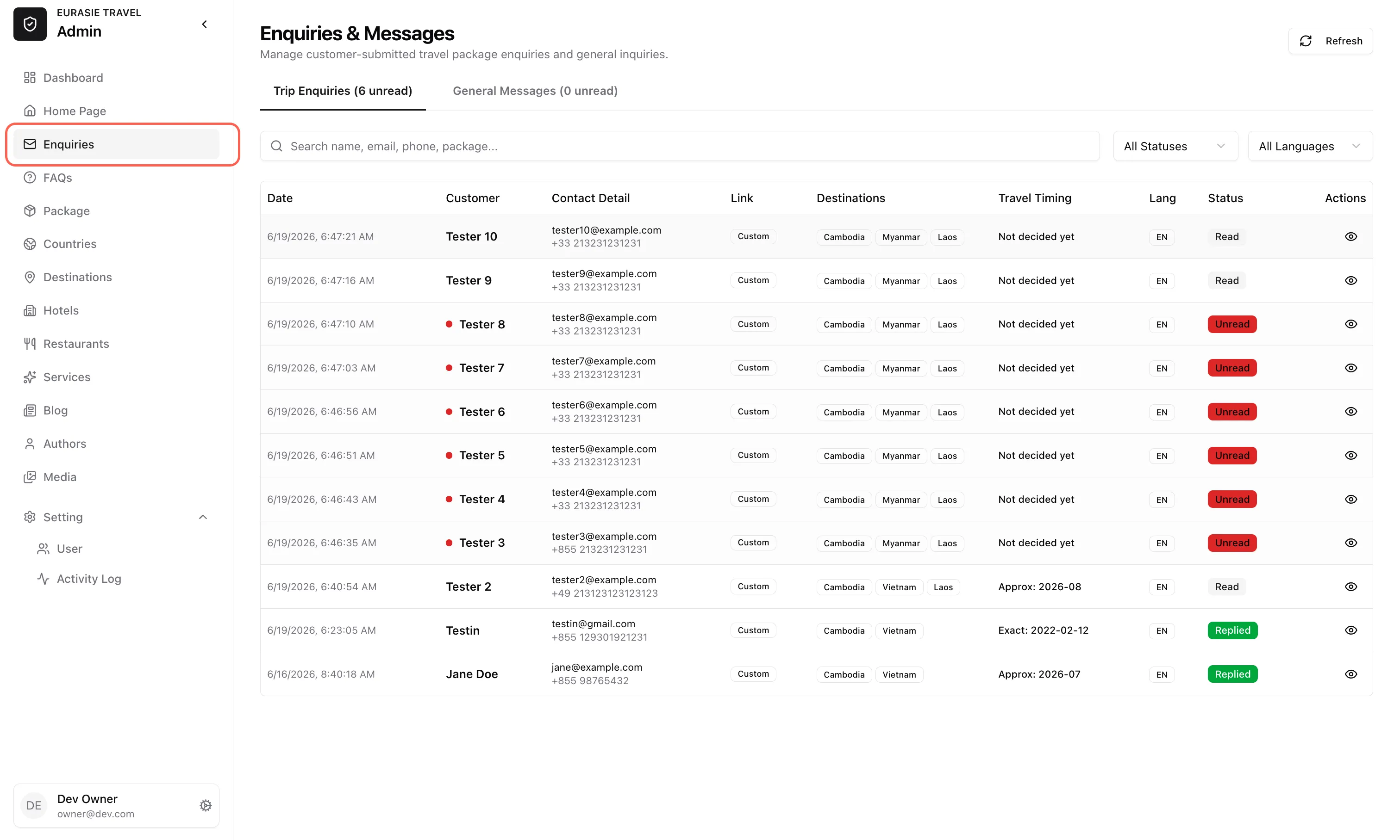 Enquiries Page